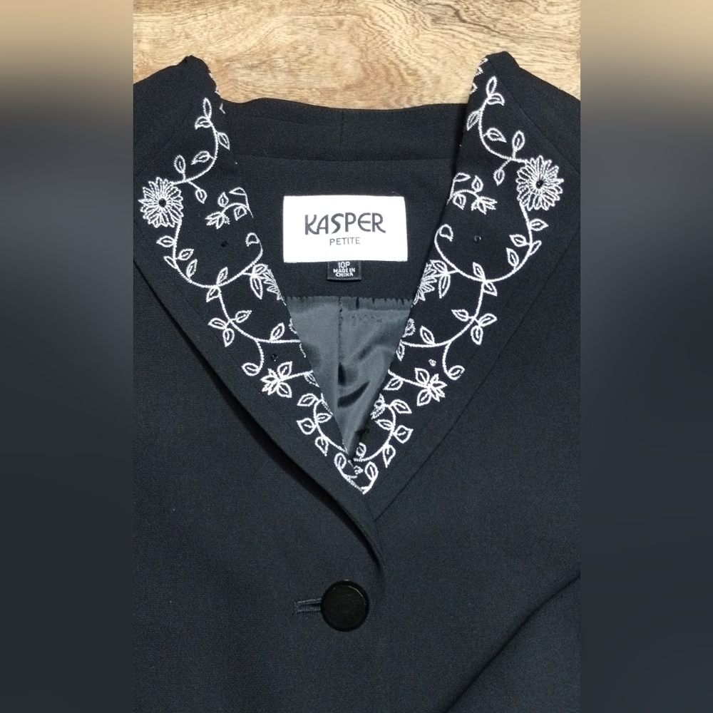 Kasper Floral Embroidered Blazer Evening Jacket Dressy Sequins Black White (10P) - Picture 7 of 11